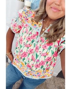 Azura Exchange Pink Plus Size Floral Print Striped Trim V Neck Blouse Women - Picture 1 of 13