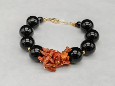 Bracciale donna sfere agata nera vero corallo rosso di Sardegna argento 925 - Immagine 1 di 4