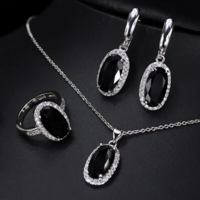 Conjuntos de joyería de ónix negro ovalado natural enchapado en oro blanco collares pendientes anillo Foto 1 de 4
