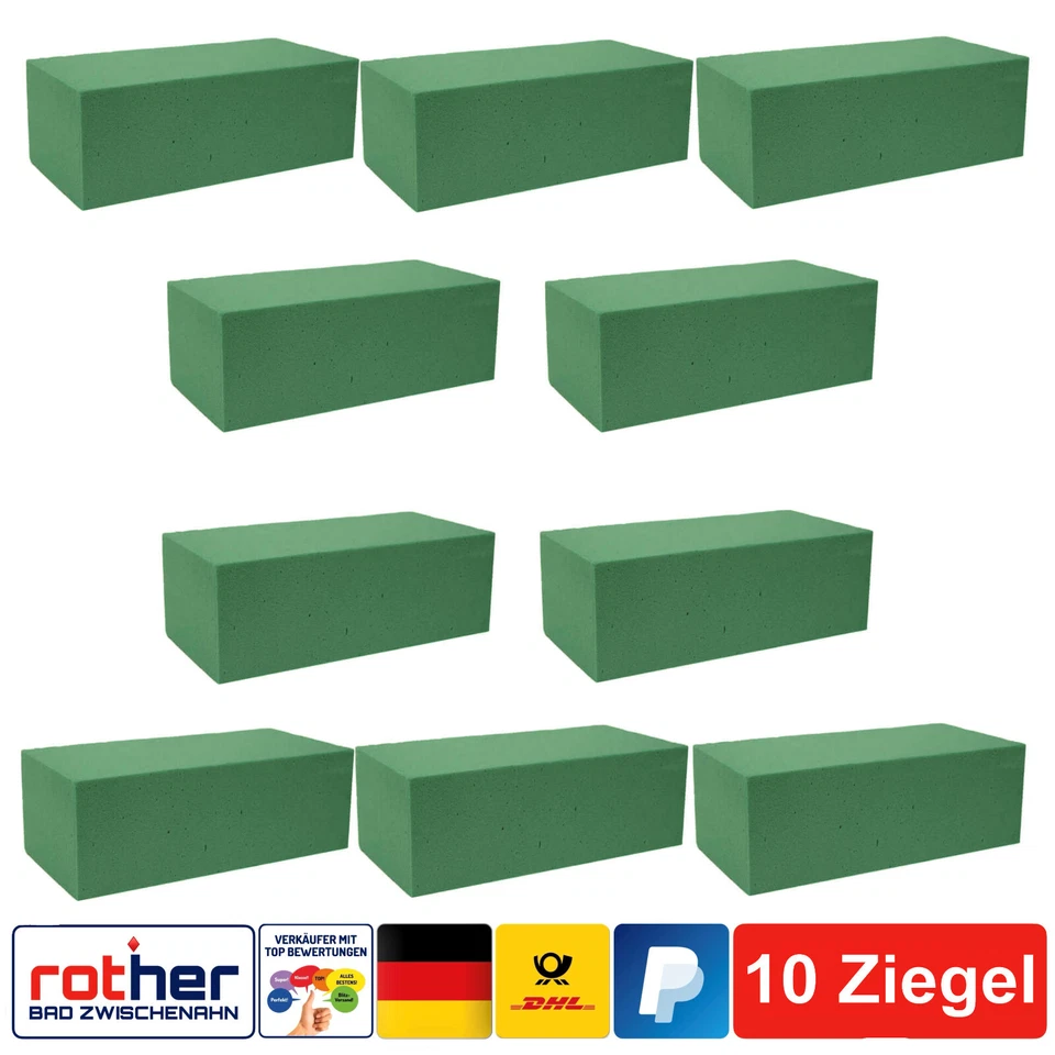 10x Mosy Nassschaum Ziegel Steckschaum Ziegl für Frischblumen 20x10x7,5cm grün