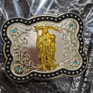 Santa Muerte belt Buckle Grim Reaper Buckle Gold Silver Heavy Zinc Alloy - Picture 1 of 6