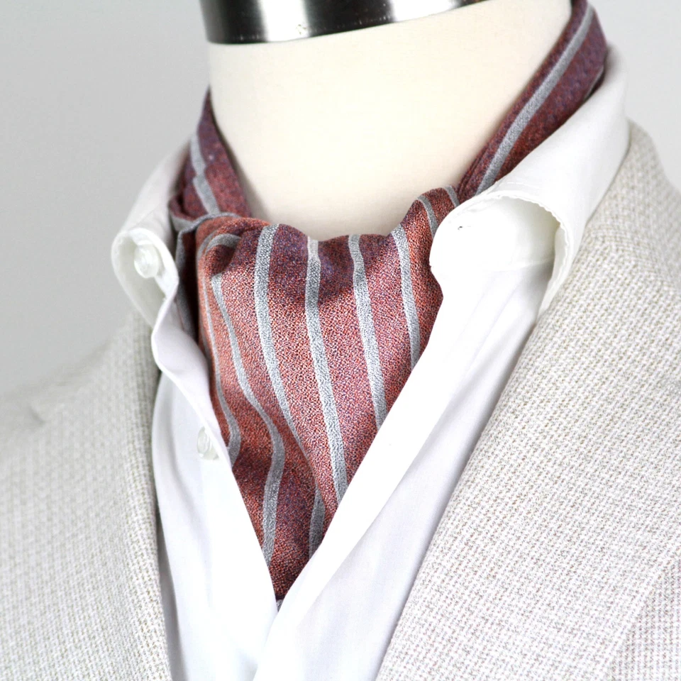CAMELLUCCI 男式 Cravat Ascot 100% 真丝礼品盒条纹珊瑚灰色 Ascot A234 — 第 1/4 张图片