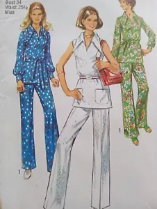 UC Vintage 70s Sewing Pattern Simplicity 9361 Collared Blouse Pants Size 12 - Picture 1 of 2