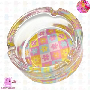 Cute Checkboard Flowers Glass Ash Tray Cute Funny Gift Idea - 8.2cm - Picture 1 of 18