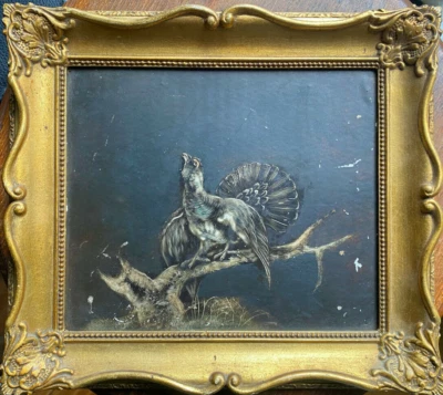 Pintura con técnica mixta la imagen de un capercaillo en una rama tonos grises Foto 1 de 4