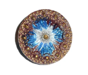 Beautiful Flower Czech Glass Shank Button 1-1/8" Multi-Color Blue Brown Gold - Picture 1 of 6