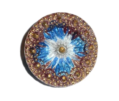 Beautiful Flower Czech Glass Shank Button 1-1/8" Multi-Color Blue Brown Gold - Image 1 of 4