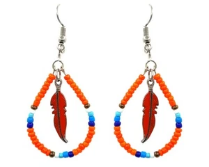 Native Seed Beaded Teardrop Hoop Feather Charm Dangle Earrings Handmade Jewelry - Picture 1 of 11