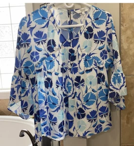 Crosby by Mollie Burch Bluse S Bohemian blau weiß Blumen fließend - Bild 1 von 5