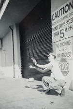 c.1950's Garage Baseball Catcher Road Signs No Smoking Man Vintage Antique Photo