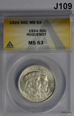 1924 HUGUENOT COMMEMORATIVE HALF ANACS CERTIFIED MS63 FLASHY! #J109 - Image 1 of 3