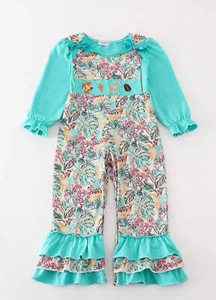 Girl's Boutique Teal Floral Print Forest Animal Embroidered Embroidery Baby Todd - Picture 1 of 13