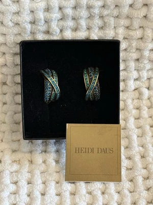 Heidi Daus Caribbean Blue Aqua Crystal Hoop Earrings NIB Clip-On - Image 1 of 4