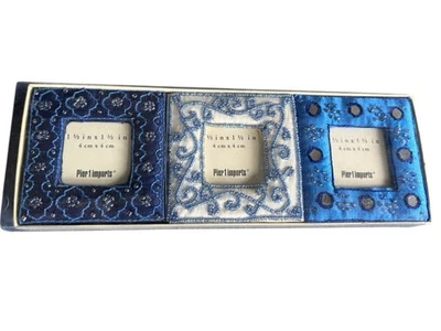 Set Of 3 New Pier One Imports Fabric w/ Bead Design 1.5 X 1.5 Mini Photo Frames - Image 1 of 2