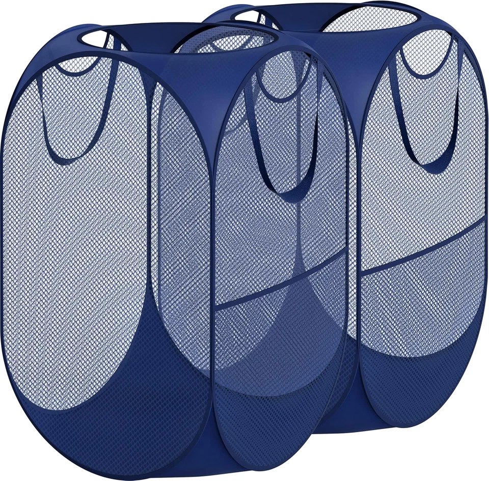 Mesh Pop-Up Laundry Hamper Basket with Side Pocket, Dark Blue - 2 Pack - Image 1 of 4