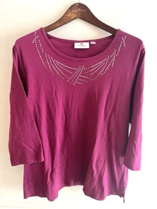 Quacker Factory T-Shirt Donna 2X Rosa Strass Perline Misto Cotone Manica 3/4 - Foto 1 di 6