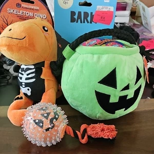 Halloween Dog Toy Bundle Three Toys Skeleton Dino Plush and Pumpkin Toy Set - Picture 1 of 1