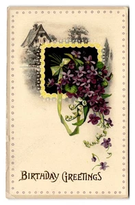 Vintage German Birthday Greetings Postcard Violet Bouquet with Cottage - Picture 1 of 2
