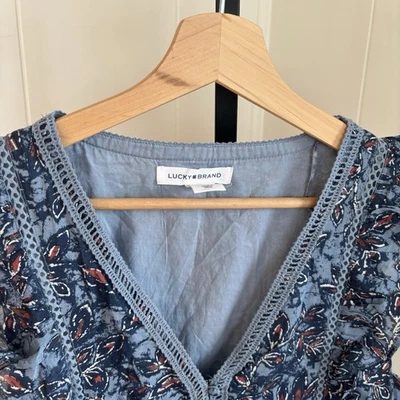 Lucky Brand Women M Blue Floral Ruffle Cap Sleeve Mini Dress V-neck Button Front - Image 1 of 4