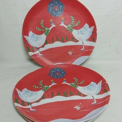Anthropologie Swan & Mouse Ice Skating Christmas Kids 8" Plate Set Of 3 Melamine - Image 1 of 4