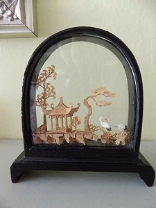 CORK BIRD IN GLASS CASE Chinese Crane Bird Hand Carved Pagoda Trees 3D VINTAGE - Picture 1 of 3