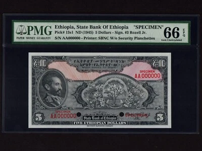 Ethiopia:P-13s1, 5$, 1945 * Specimen * Haile Selassie * PMG Gem UNC 66 EPQ * - Image 1 of 2