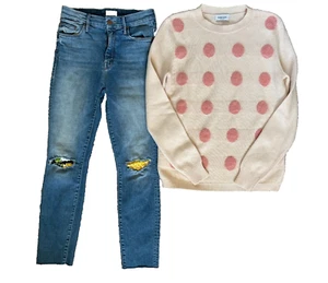 OUTFIT LOT! Mothr Distressed Jeans & Au Jour Le Jour Polka Dot Knit Sweater - Picture 1 of 19