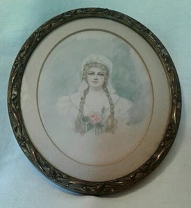 Antique Oval Framed Milk Maid Girl Water Color-Signed M.I.A-Framed Gillespie Pgh - Picture 1 of 9