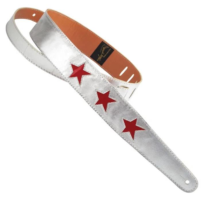 Henry Heller Capri Cuero, Correa de Guitarra de 2" de Ancho, Plateado con Estrellas Rojas Foto 1 de 1