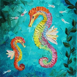 Original Oil Canvas Painting "Happy Seahorses" Art by Ukrainian Artist - Picture 1 of 5