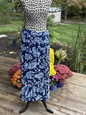 Maxi Falda Talbots Mujer Imitación Envolvente Tejida Volantes Azul Blanco Paisley Mp Pull On Foto 1 de 4