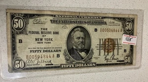 1929 $50 Brown Federal Reserve Bank Note New York Depression Note Fine Condition - Picture 1 of 2