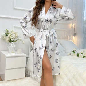 Women Butterfly Long Sleeve Satin Robe Kimono Belted Short Bridal Bathrobe Gift - Picture 1 of 8