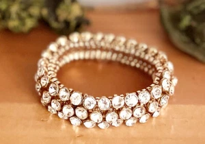 Vintage Glamour Rhinestone Stretch Expandable 3 Layer Link Bracelet - Picture 1 of 7