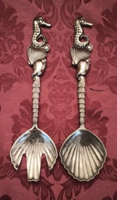 Godinger Seahorse and Shell Silverplate Serving Spoon and Fork - Nice! - Image 1 of 3