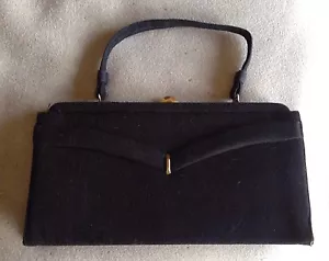 VTG MID-CENTURY BLACK WOOL HANDBAG/SATIN LINING WITH ZIP POCKET/COVERED HANDLE - Picture 1 of 8