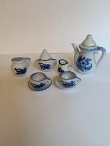 Miniature Porcelain Blue and White Windmill Floral Tea Set 10 Pcs - Picture 1 of 22