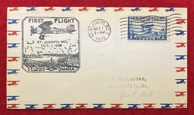 1929 **ST. JOSEPH, MO.-ST. LOUIS-OMAHA** (FIRST-FLIGHT) AIR MAIL COVER+SC# 650! - Image 1 of 4