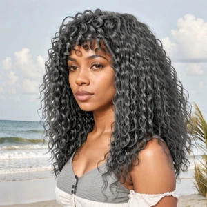 Long Grey Curly Wig With Bangs 100% Human Hair Wig Machine Made Wig No Lace Wig - Picture 1 of 7