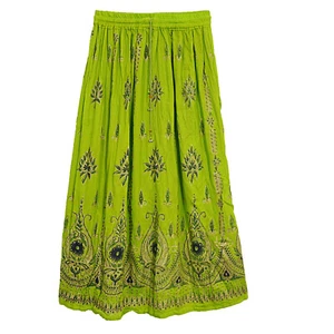 Indian Green Tie Crinkle,Long Boho Rayon Sequin Pull-On Elastic Waist Long Skirt - Picture 1 of 5