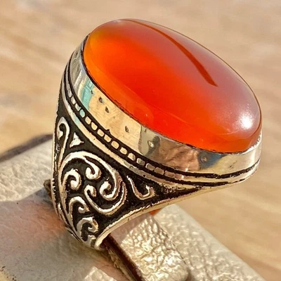 AAA 红色也门古董玛瑙 Aqeeq 男士 925 纯银手工制作戒指 — 第 1/4 张图片