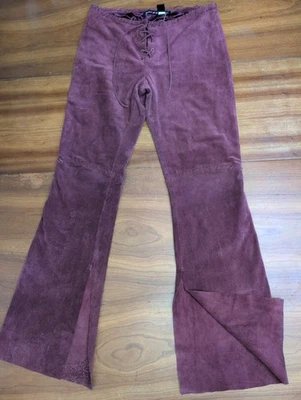 Y2K Suede Lace Up Pants Low Rise Flare Bell Bottom Burgundy Boho 70s Festival - Image 1 of 4