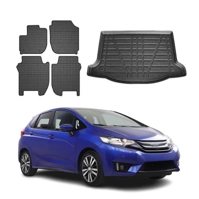 OMAC Fußmatten & Kofferraumwanne Set für Honda Jazz 2015-2020 Gummi TPE Schwarz 5x