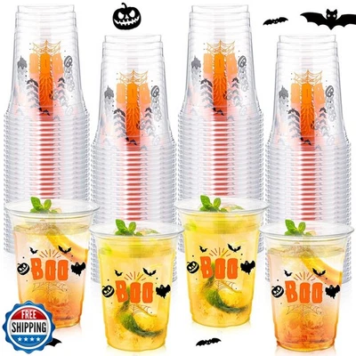 Tiangrid 100 Pcs Halloween Plastic Cups Bulk 16 oz Disposable Halloween Boo P - Image 1 of 4