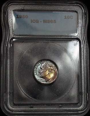 1950-P ROOSEVELT DIME / COLORFUL TONING BOTH SIDES / SILVER / ICG MS65 CERTIFIED - Image 1 of 2