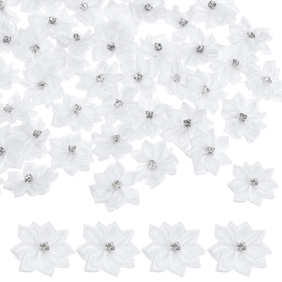 100 PIEZAS Flores de Cinta de Satén, Flores de Tela de 1.2" para Artesanía [Blanco] Foto 1 de 4