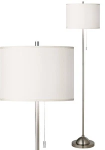 Modern Floor Lamp Brushed Nickel Cream Drum Shade Living Room Reading Bedroom - Picture 1 of 5