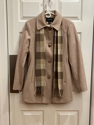 Abrigo London de mezcla de lana tostado niebla con flecos a cuadros adjuntos bufanda para mujer talla M Foto 1 de 4