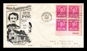 DR JIM STAMPS US COVER EDGAR ALLAN POE FDC SCOTT 986 PLATE BLOCK FLEETWOOD - Picture 1 of 2