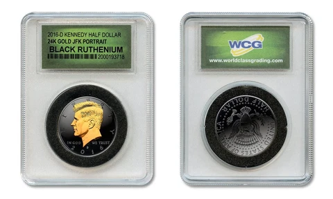 Black RUTHENIUM 2016-D Kennedy Half Dollar Coin w/ 24KT Gold in Slabbed Holder Cover